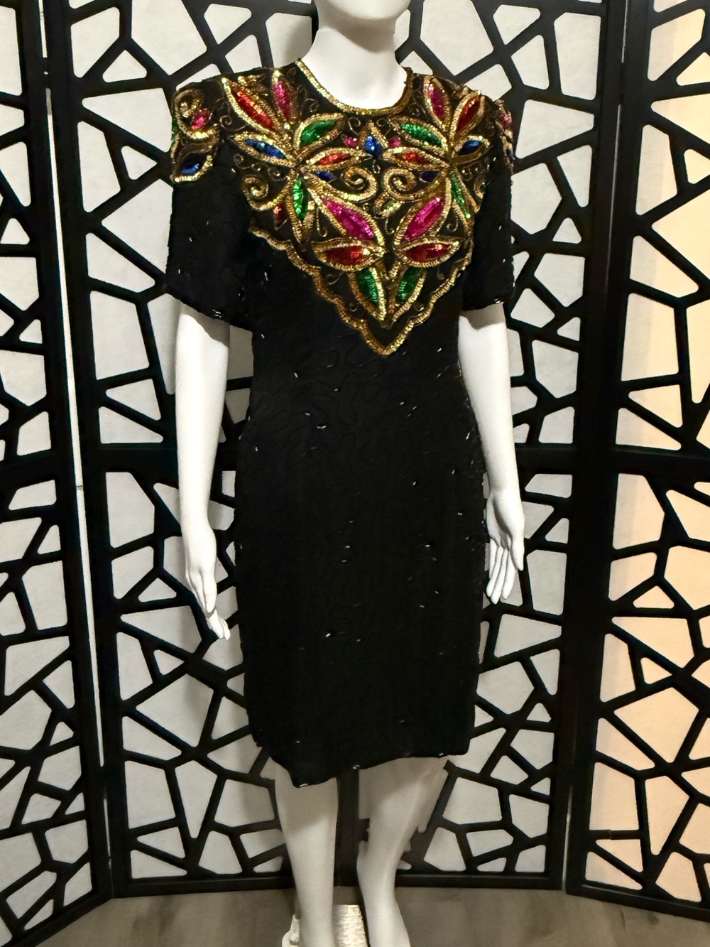 Vintage Stenay 100% Silk Sequin and Bead Embellished Cocktail Dress - Medium